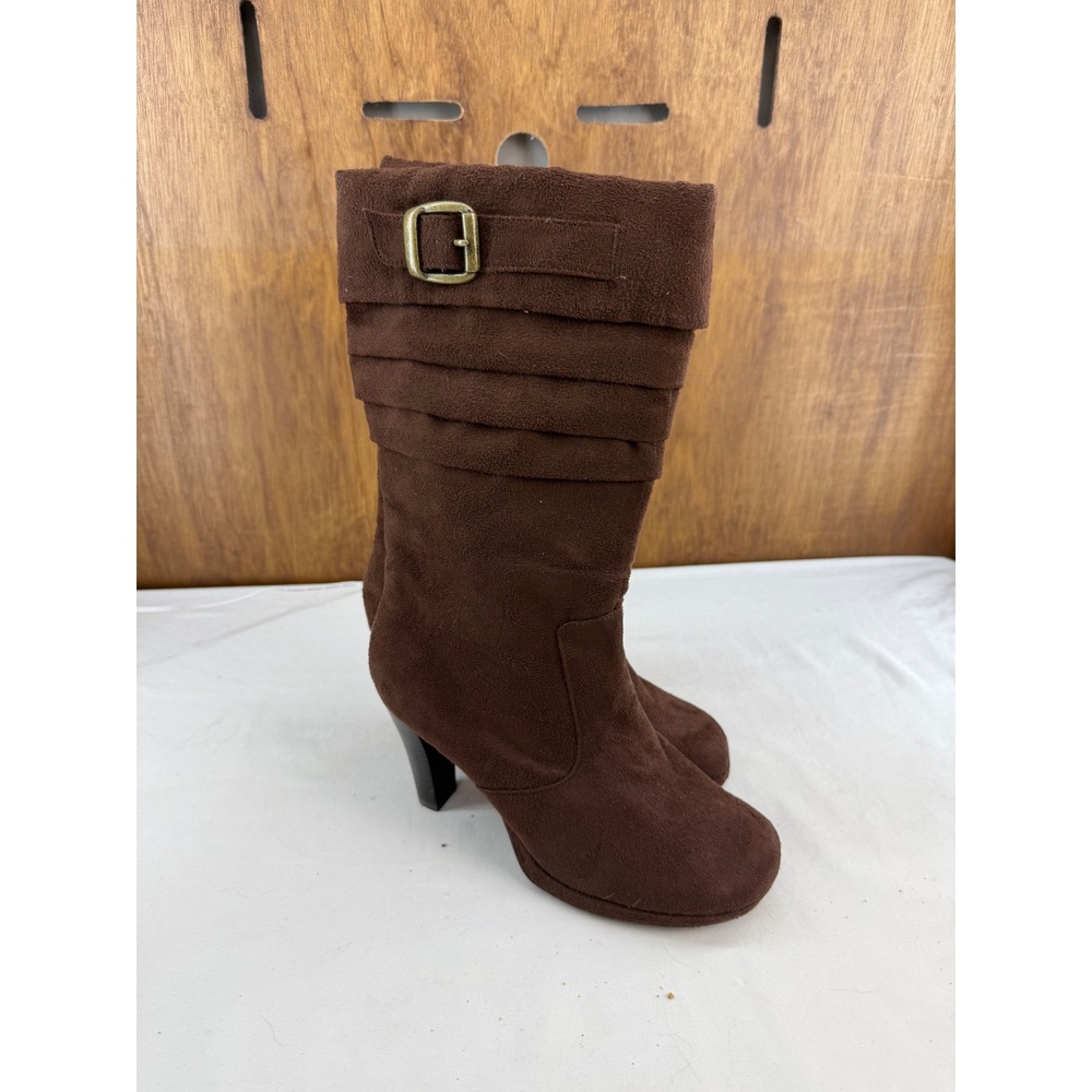 Skechers Womens Brown Faux Suede Slouchy Buckle Mid-Calf Heeled Boots 7.5 35952